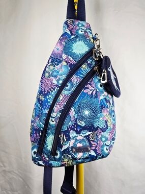 Sakroots Navy Ocean Floral Sling Bag W/ Turtle Coin Wallet Crossbody Backpack